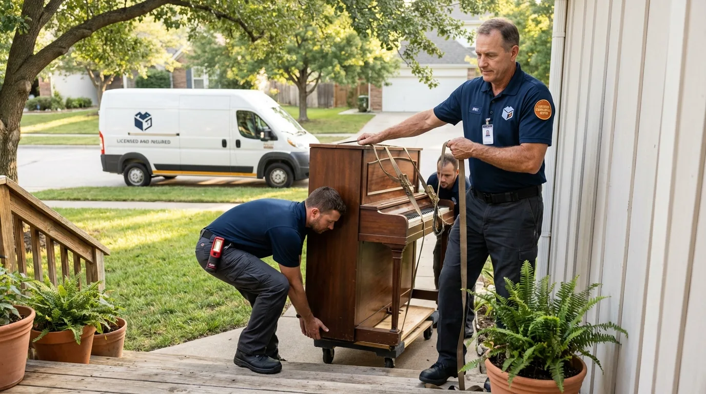 Licensed piano movers securing grand piano in Dupree, SD